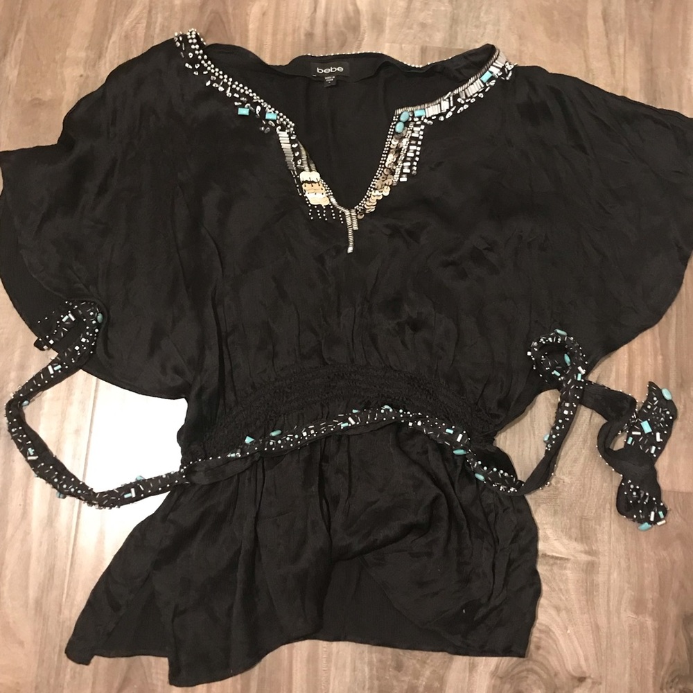 Bebe Beaded cinched waist tunic top Large